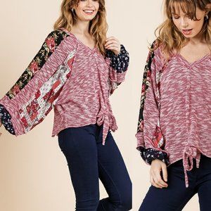 Umgee Top Size S M L Floral Long Puff Sleeve Knit V-Neck